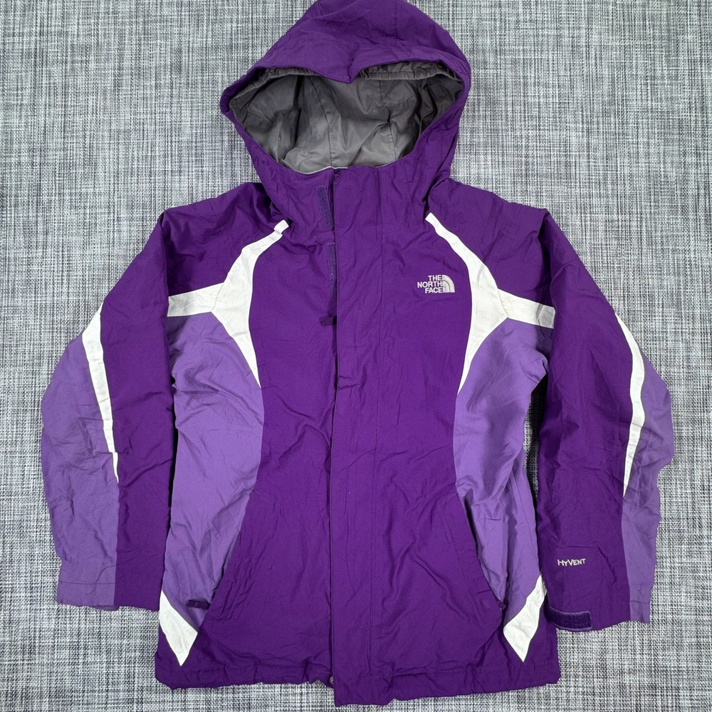 The North Face Girls L 14/16 HyVent Hooded Rain Jacket Purple White Shell Only